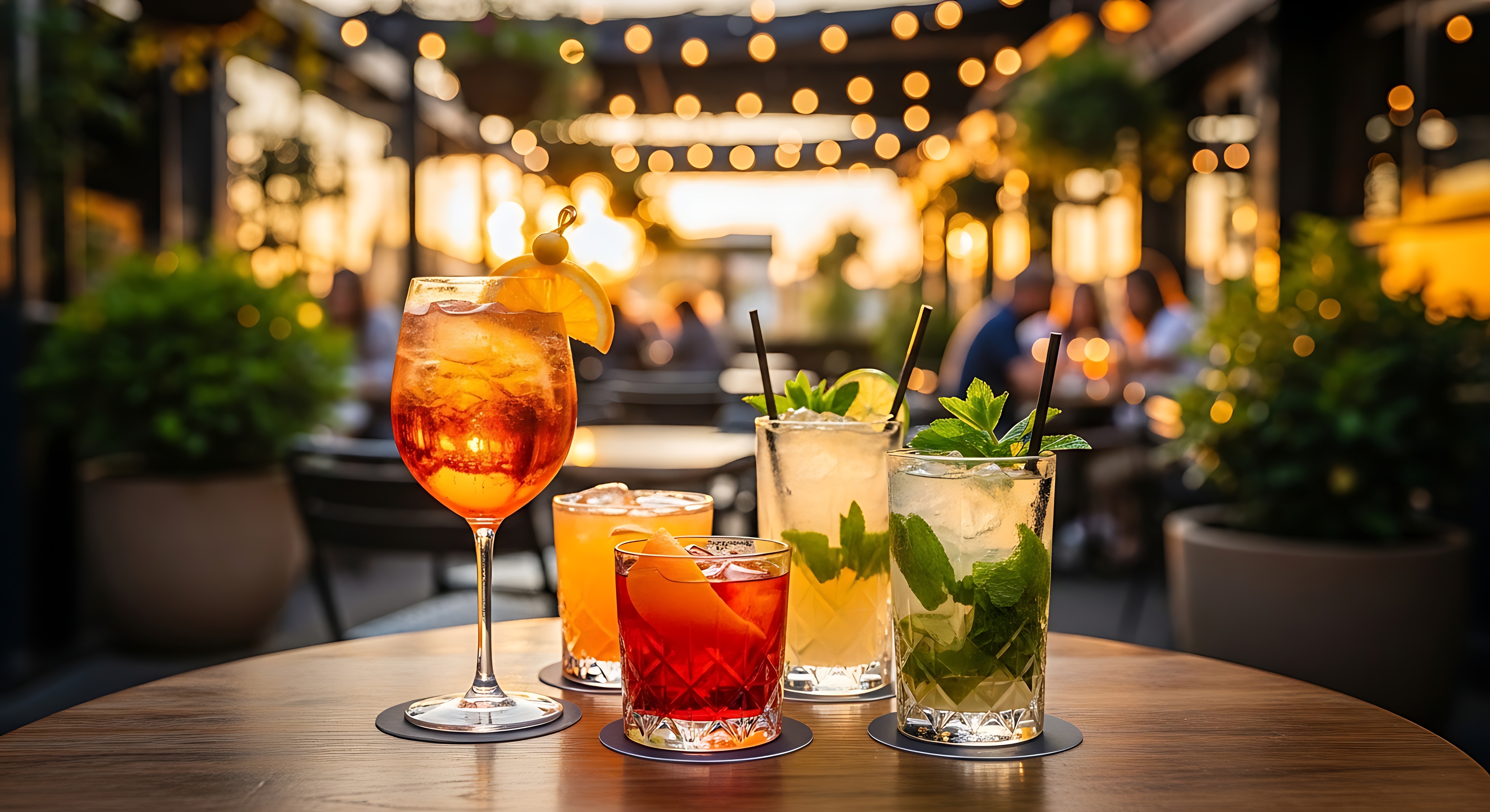 Cocktails at a happy hour setting with warm string lights
